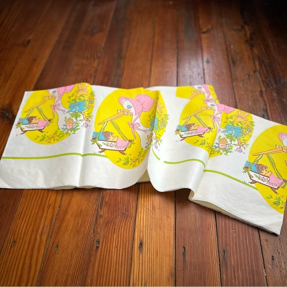 NOS Deadstock Vintage 70s baby shower paper table cloth 52 x 96”